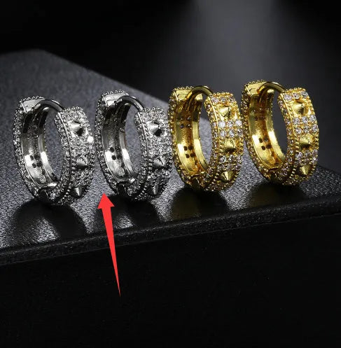 Geometric full diamond hip hop ear clips in copper with gold white stone finish