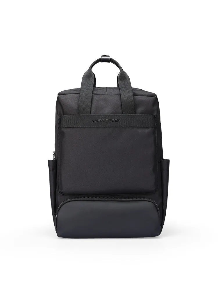 Black Oxford cloth computer backpack showing organisational storage compartments and laptop section