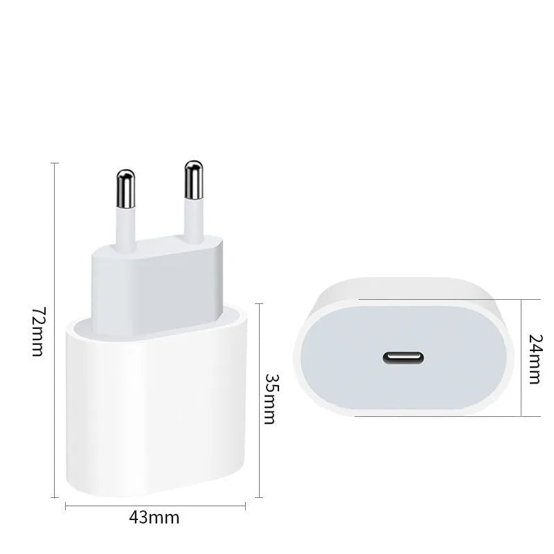 White 20W USB Power Delivery mobile phone charger with EU plug and USB port.