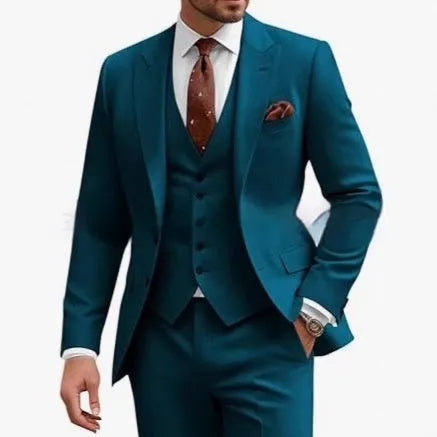 Men's slim fit three-piece suit in acetate fibre blend available in nine colours with Asian sizing