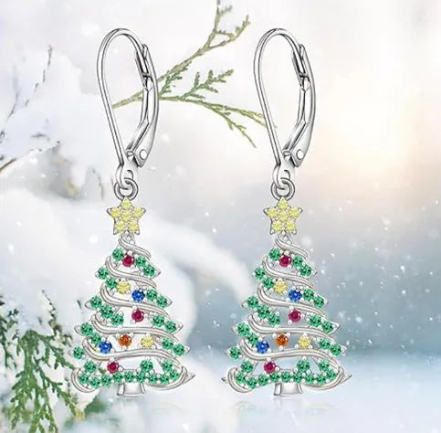 Christmas tree earrings for women in star shape with white gold colour finish