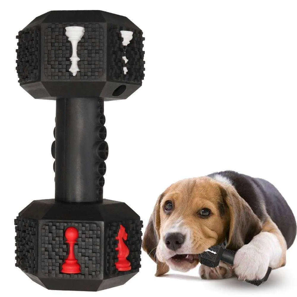 Black or blue hollow dumbbell-shaped dog chew toy with a textured surface for aggressive chewers.