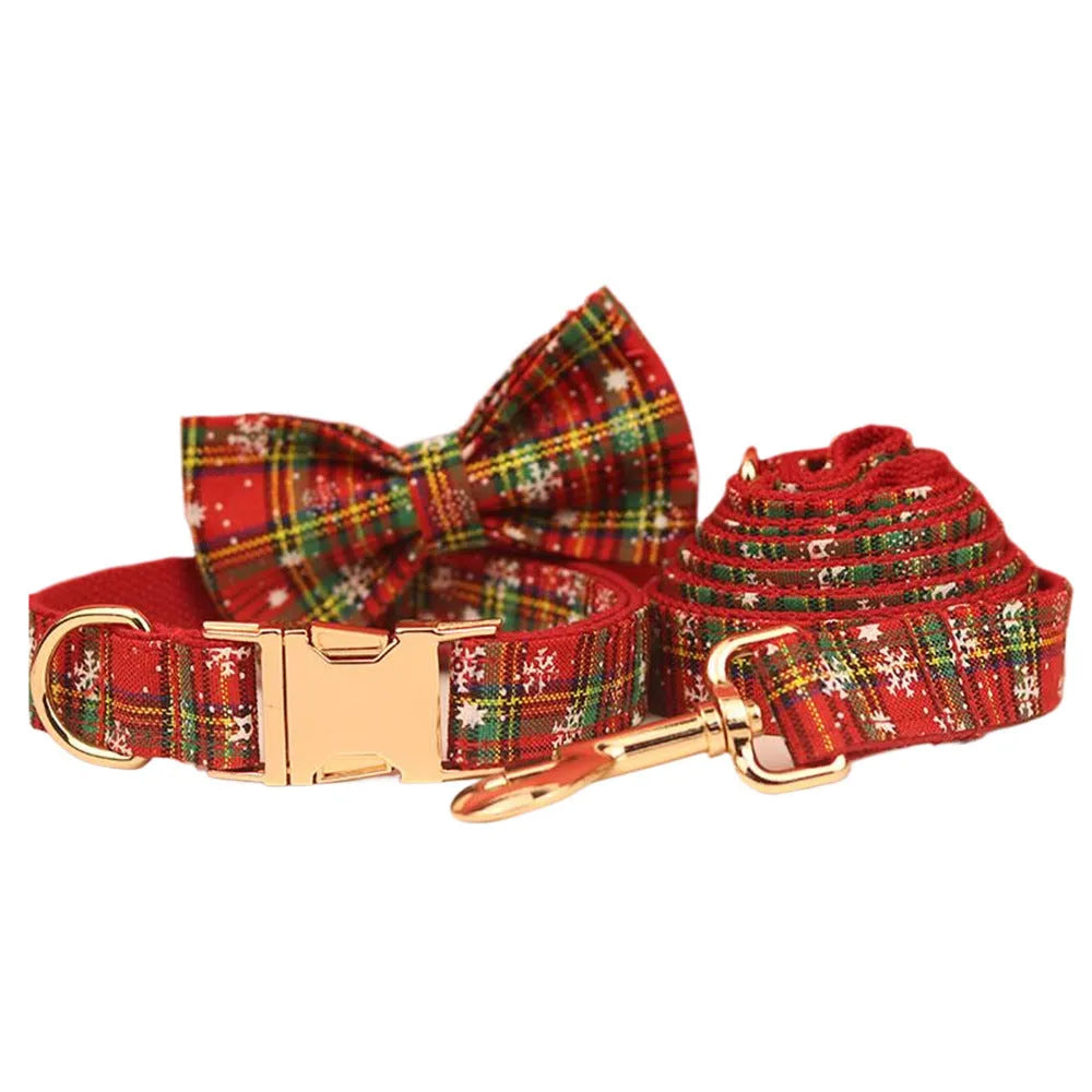 Red plaid snowflake Christmas dog collar, leash, vest and bow four-piece set