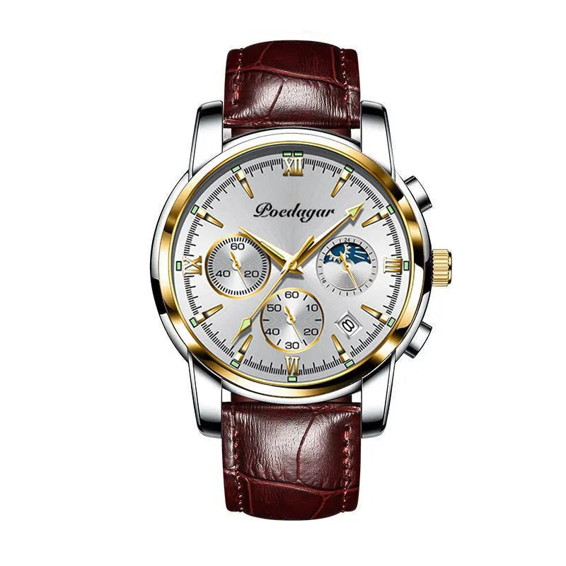 Multifunctional men's luminous waterproof quartz watch with stainless steel belt, silver case, and blue dial, 7mm thickness