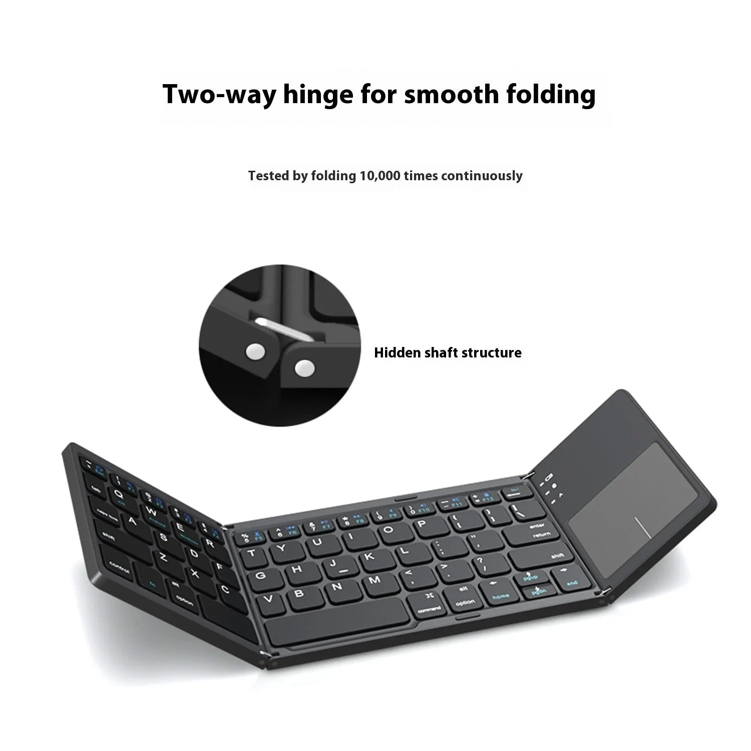 Tri-fold Bluetooth keyboard shown in black colour with dimensions 30.2 x 9.7 x 0.8cm