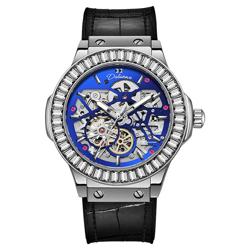 Automatic men's watch with diamond studded hollow dial in a white case.