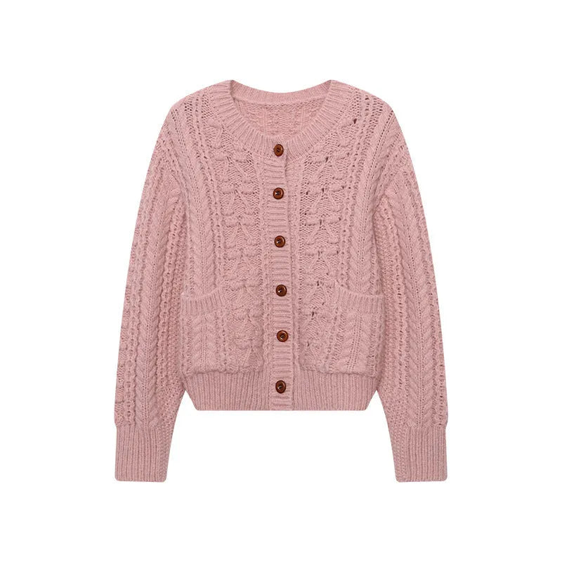 Solid colour thick needle twisted texture knitted cardigan in beige, short length, on model