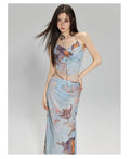 Blue three-piece bikini set with diamond chain split design detail on mannequin