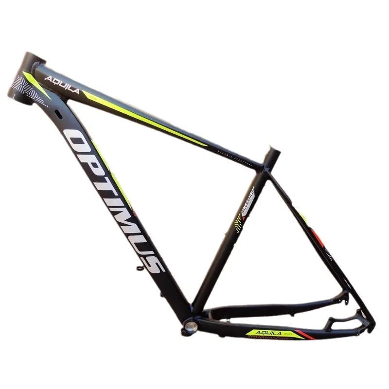 29-inch black green aluminium mountain bike frame showing inner cable routing ports and disc brake mount