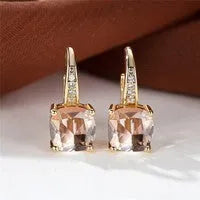 Square geometric ear hooks with round zircon inlays in gold, platinum, or rose gold finish