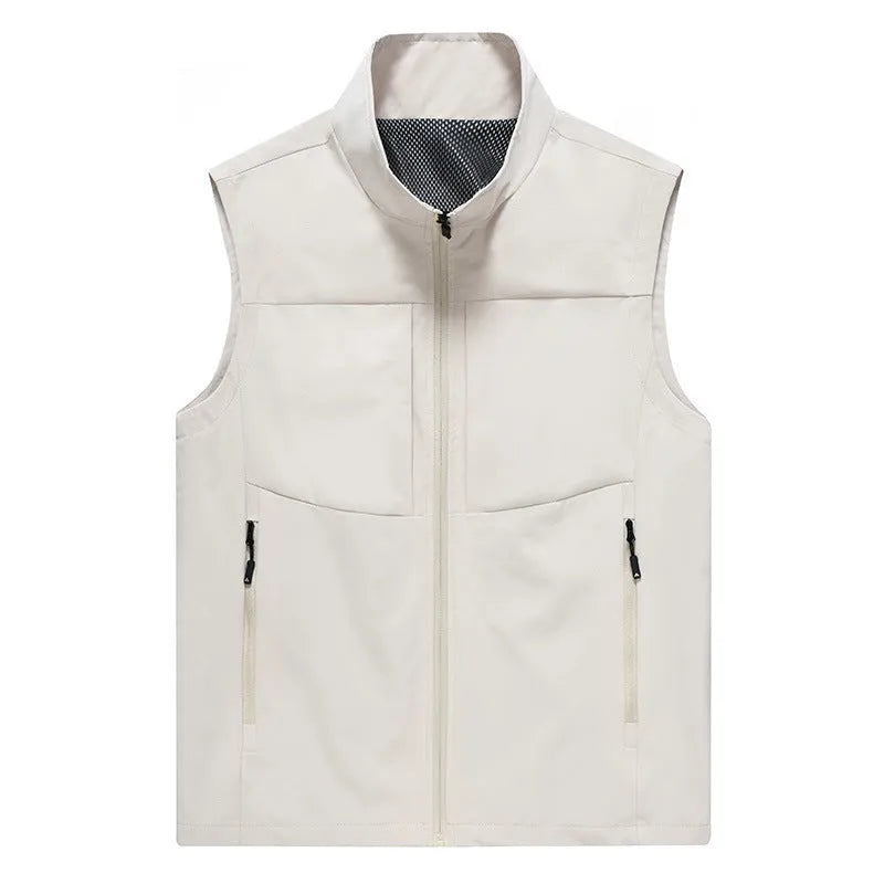 Men's loose-fit outdoor cardigan vest with stand collar and zippered pockets in khaki colour.