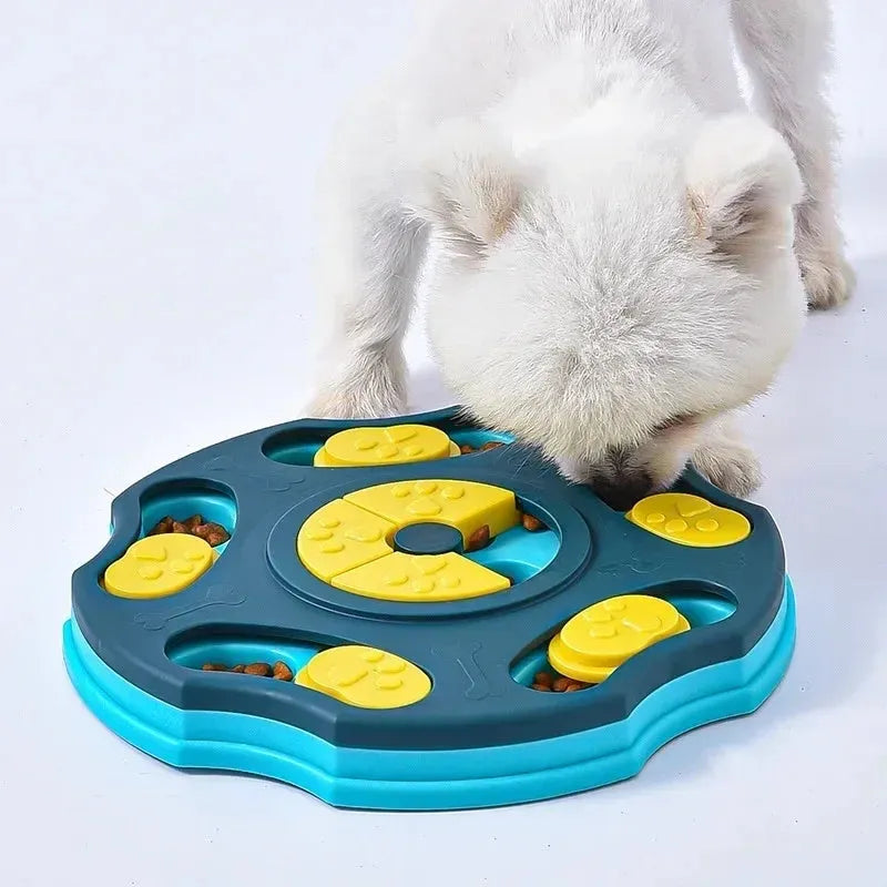 Blue dog puzzle feeder bowl with interactive game elements for slowing down fast-eating dogs