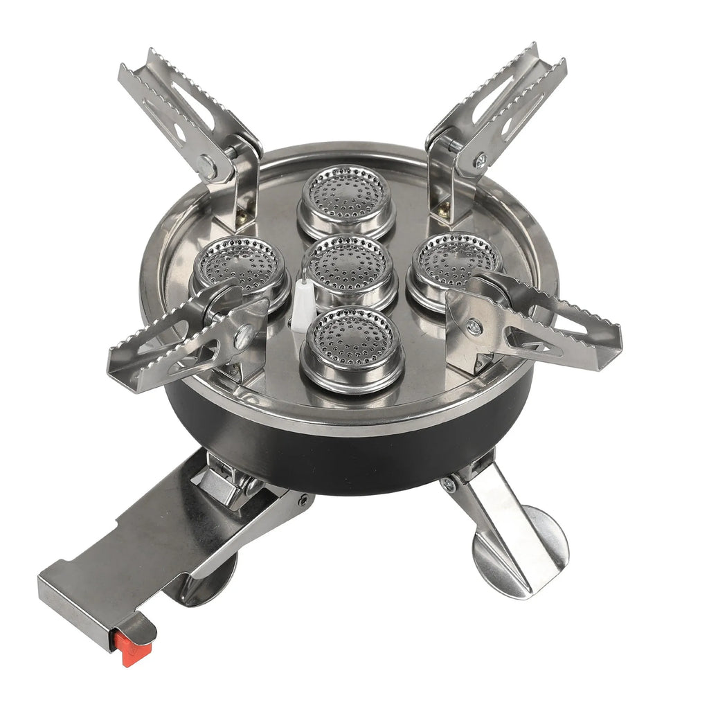 Silver portable split camping stove with folded legs and a 100cm gas hose on a wooden table.