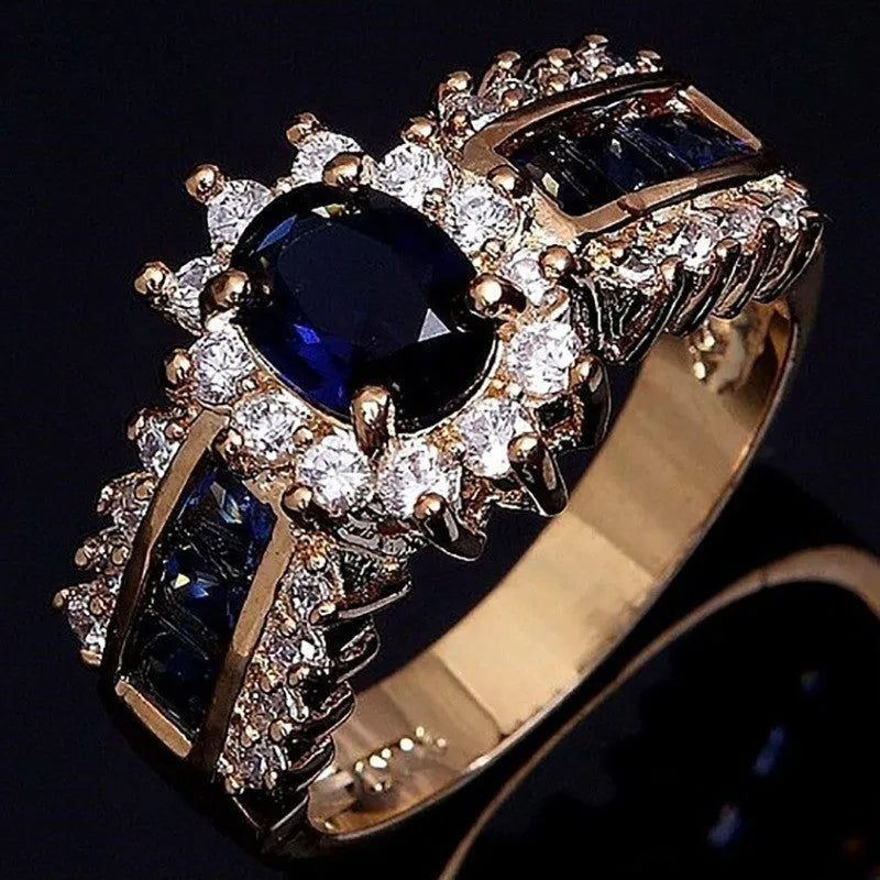 Personalised zinc alloy ring with cubic zirconia stones in sunflower blue, square blue, or square purple designs