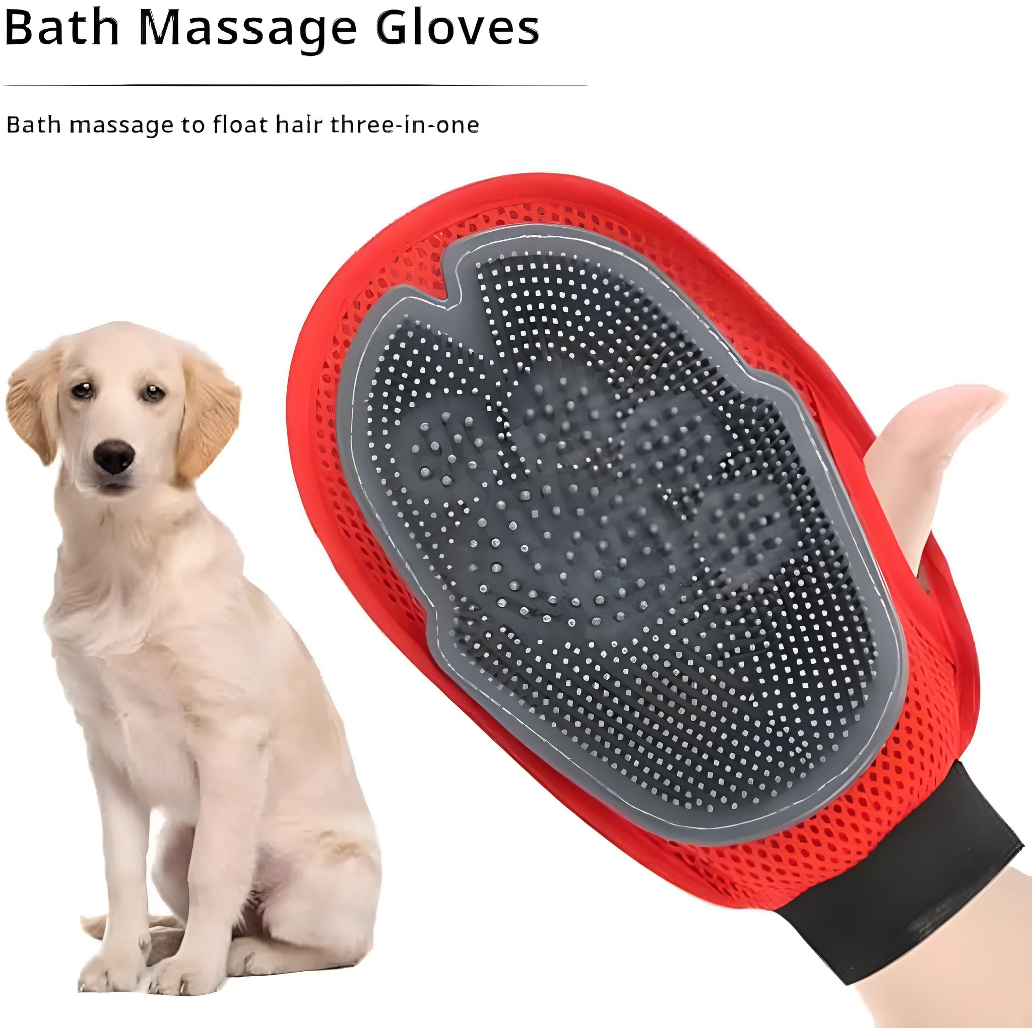 Red pet bathing glove with integrated cleaning brush measuring 26cm by 16cm