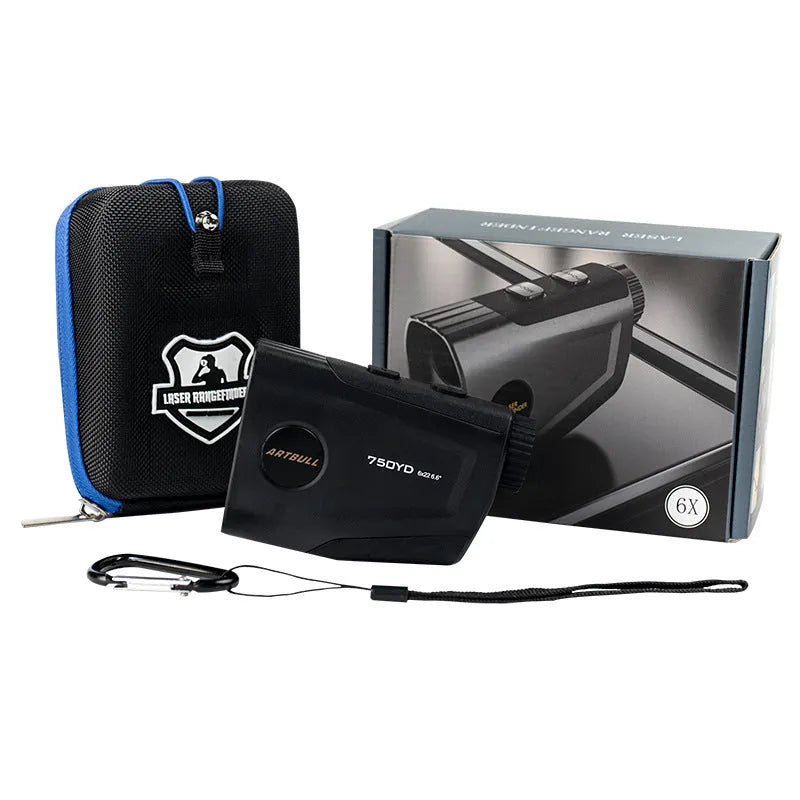 Golf laser rangefinder with 6x magnification lens showing LCD display with distance measurement