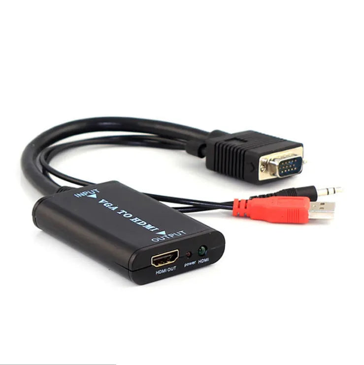 Black VGA to HDMI female converter with USB cable for video signal conversion