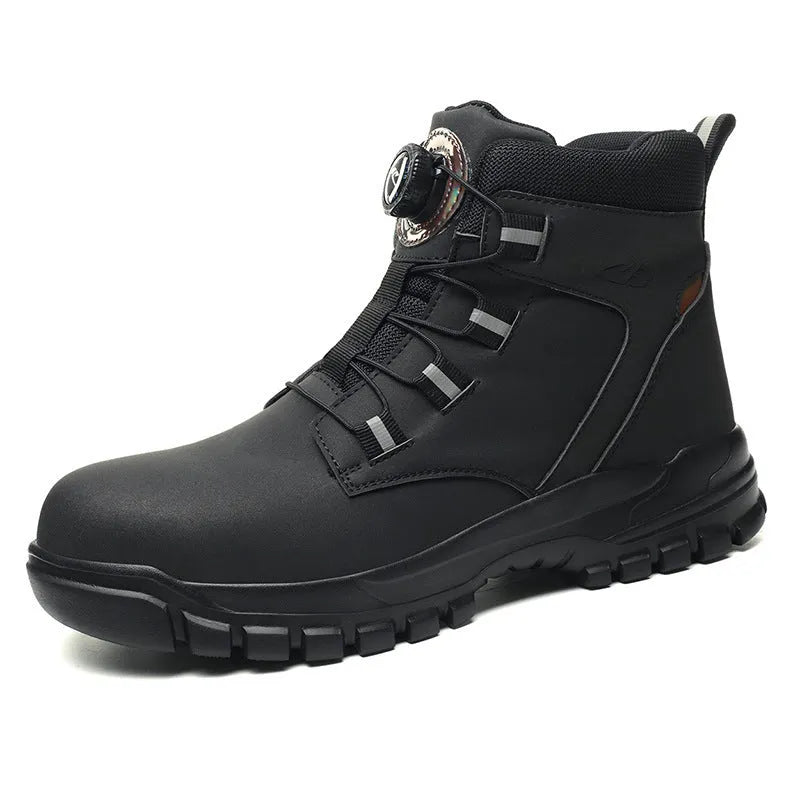 Men's black lightweight labour protection safety shoes with leather upper and rubber sole.