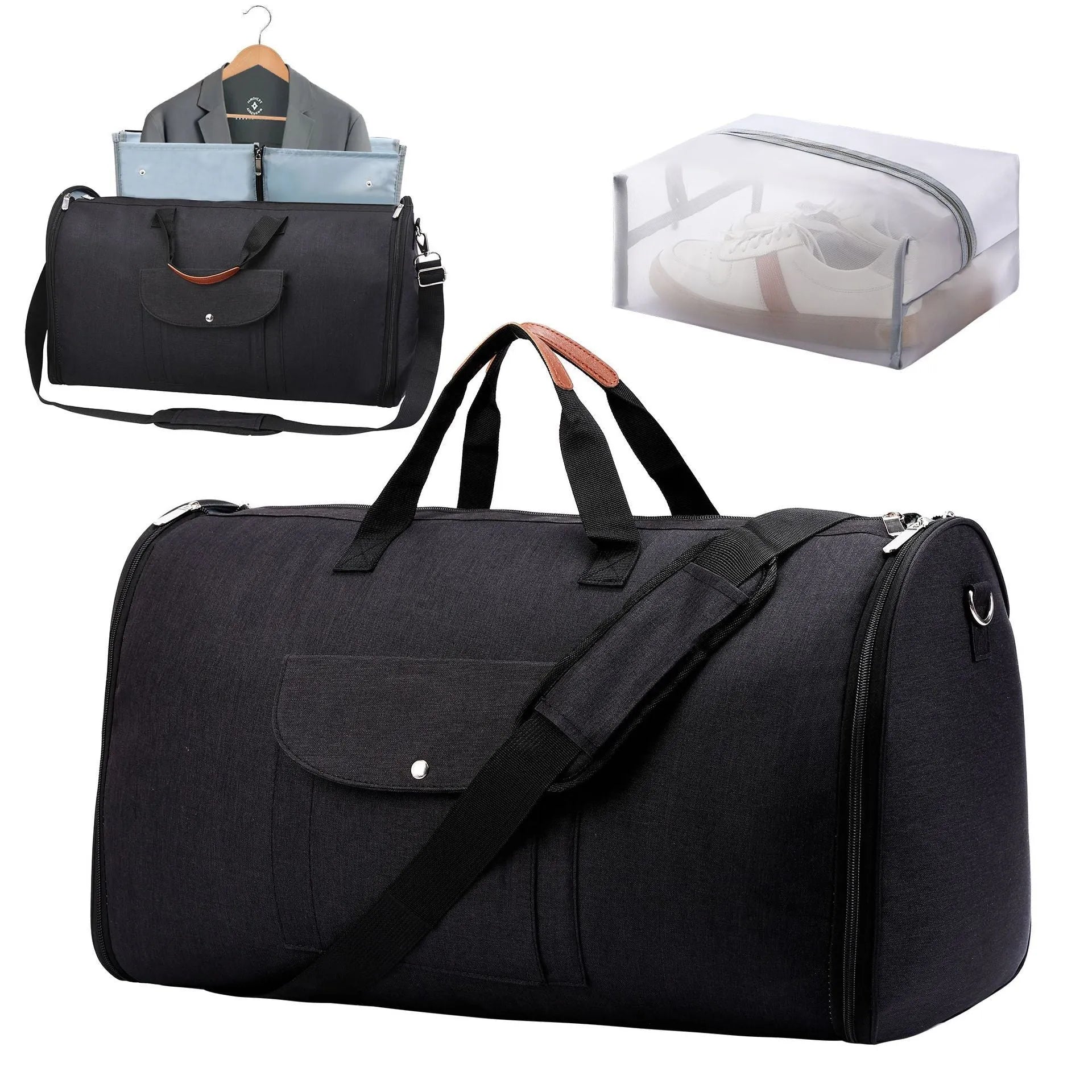 Dark blue folding Oxford cloth duffel bag with large capacity for travel and gym use.