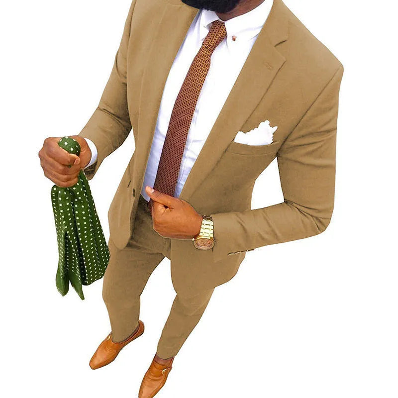 Men's two-piece cotton suit jacket and trousers available in multiple colours.