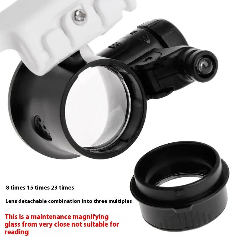 White head-mounted magnifying glass with LED light, shown folded and unfolded, for detailed repair work.