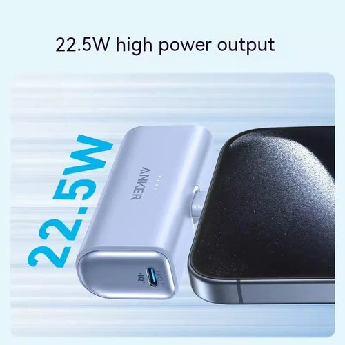 Small capsule-shaped power bank in five colours with a foldable USB-C cable attached