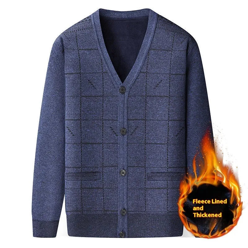 Middle-aged man wearing grey batwing sleeve cardigan with velvet lining for autumn winter casual wear