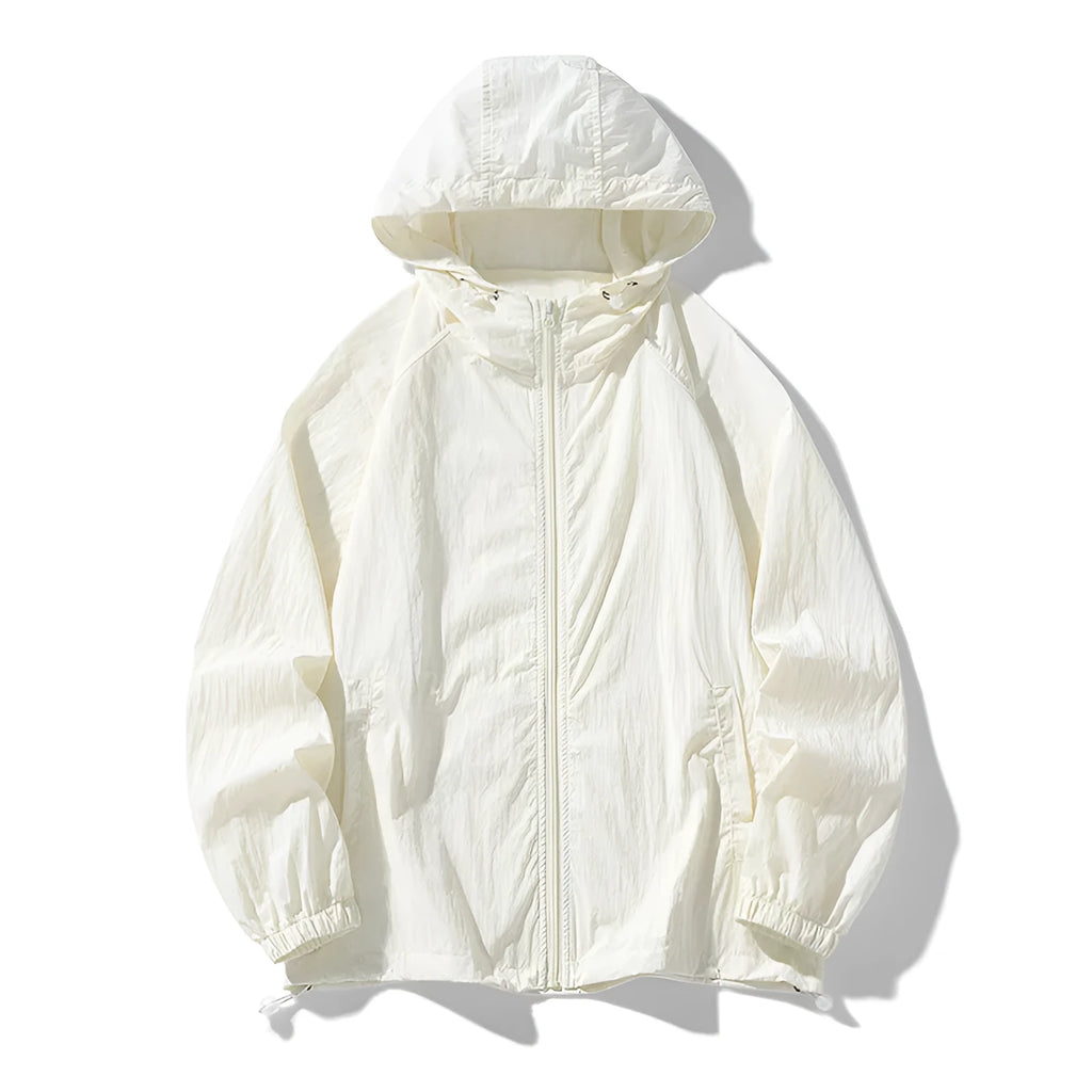 Loose fit unisex outdoor sports jacket in nylon blend fabric on a hanger.