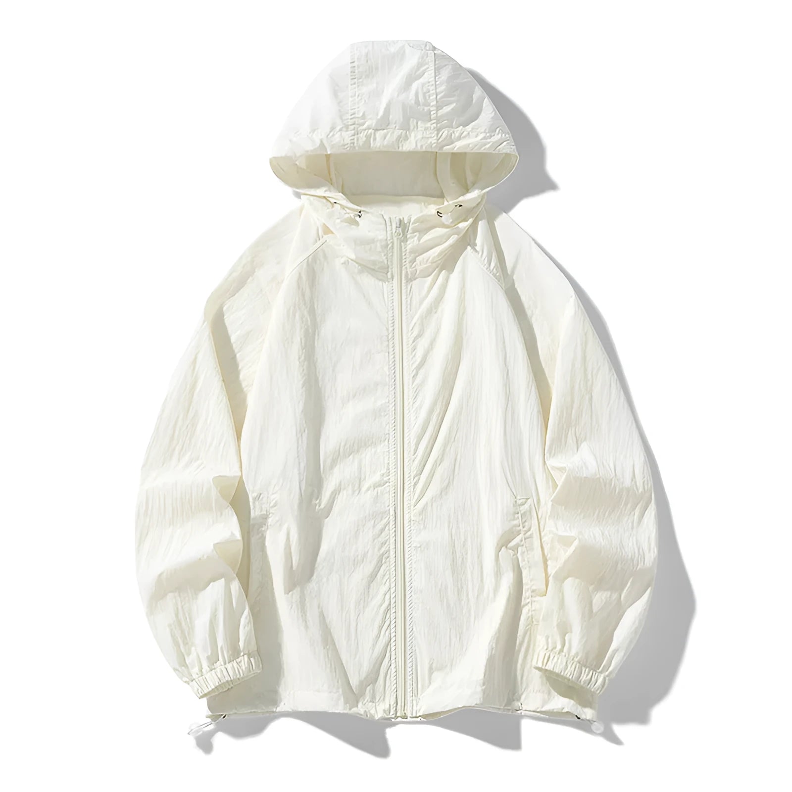 Loose fit unisex outdoor sports jacket in nylon blend fabric on a hanger.