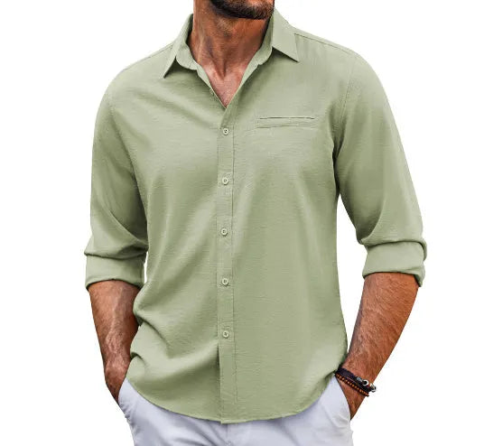 Men's grey long sleeve button-up shirt with lace detail on collar and a chest pocket.
