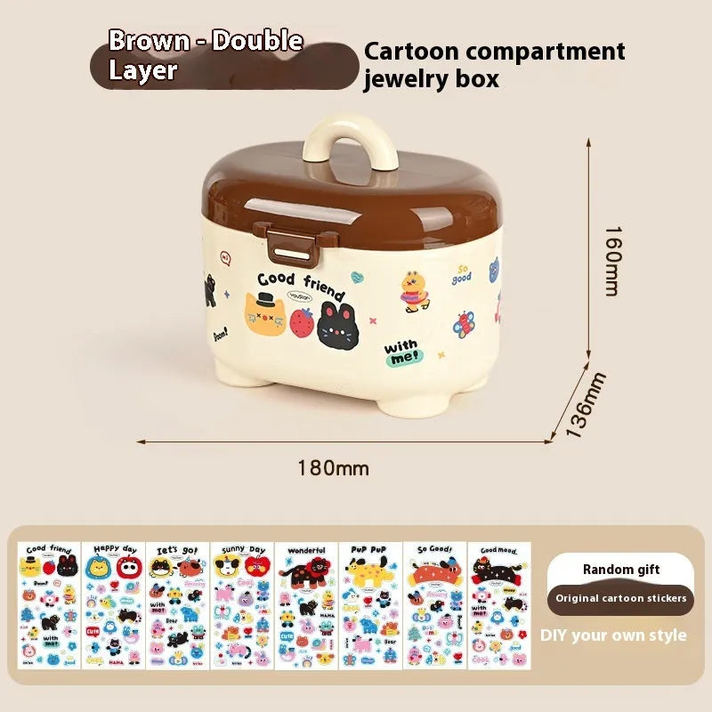 Cartoon-style plastic desktop organiser with grid compartments and red or brown stickers.