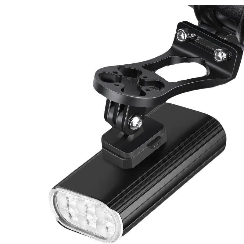 Aluminium alloy bicycle headlight with six XPT beads, USB Type-C port, and quick-release mount.
