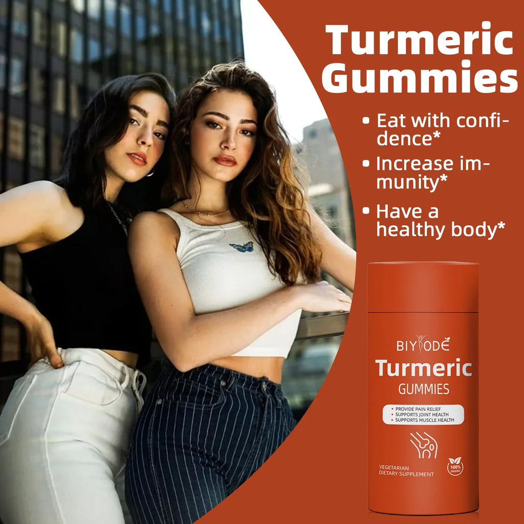 Bottle of organic turmeric gummies 60 count for immune support by biyode