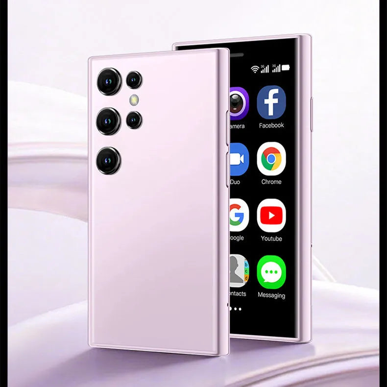 Mini smartphone with 30-inch screen in black, green or pink purple straight plate design showing Android interface