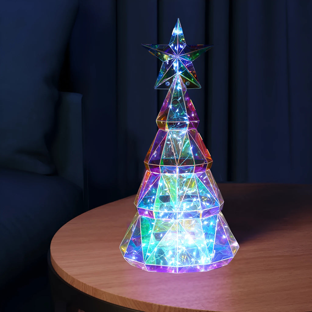 Colourful cartoon-style PET plastic Christmas tree decoration with light, 14.5cm wide by 20cm high.