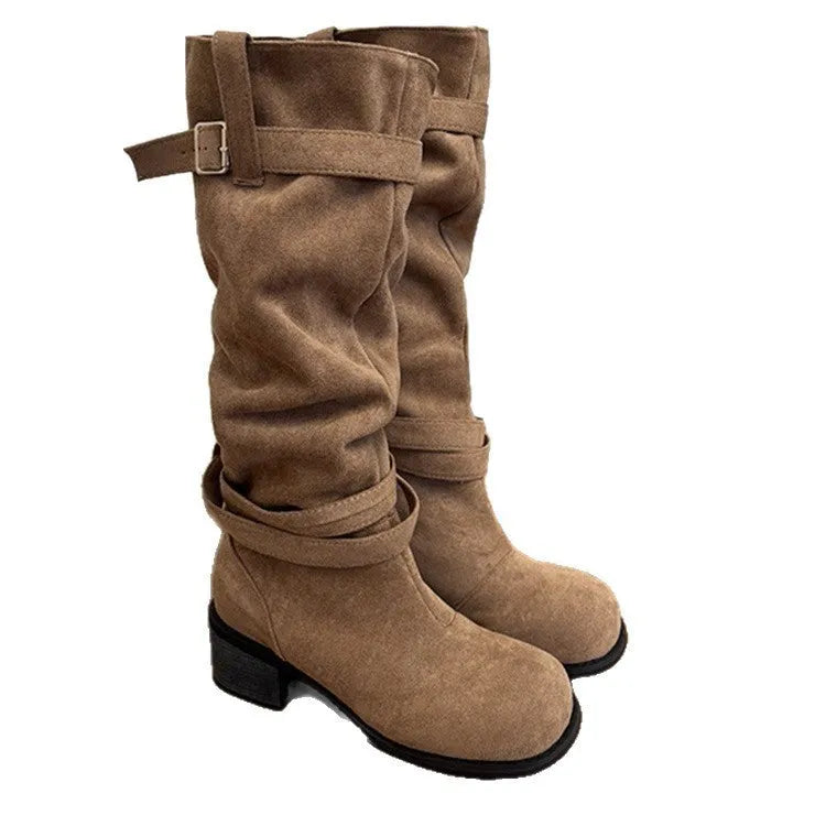 Khaki suede women's pleated pile boots with mid heel 3-5cm, rubber sole and waterproof platform