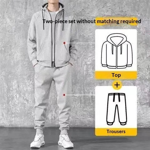 Men's loose zip-up hoodie and jogger set in black or grey cotton, sizes M to 4XL, 400g, spring casual outfit.