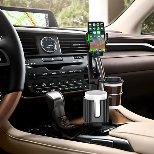 Green car kettle holder for drinks and phones inserted into a vehicle cup holder.