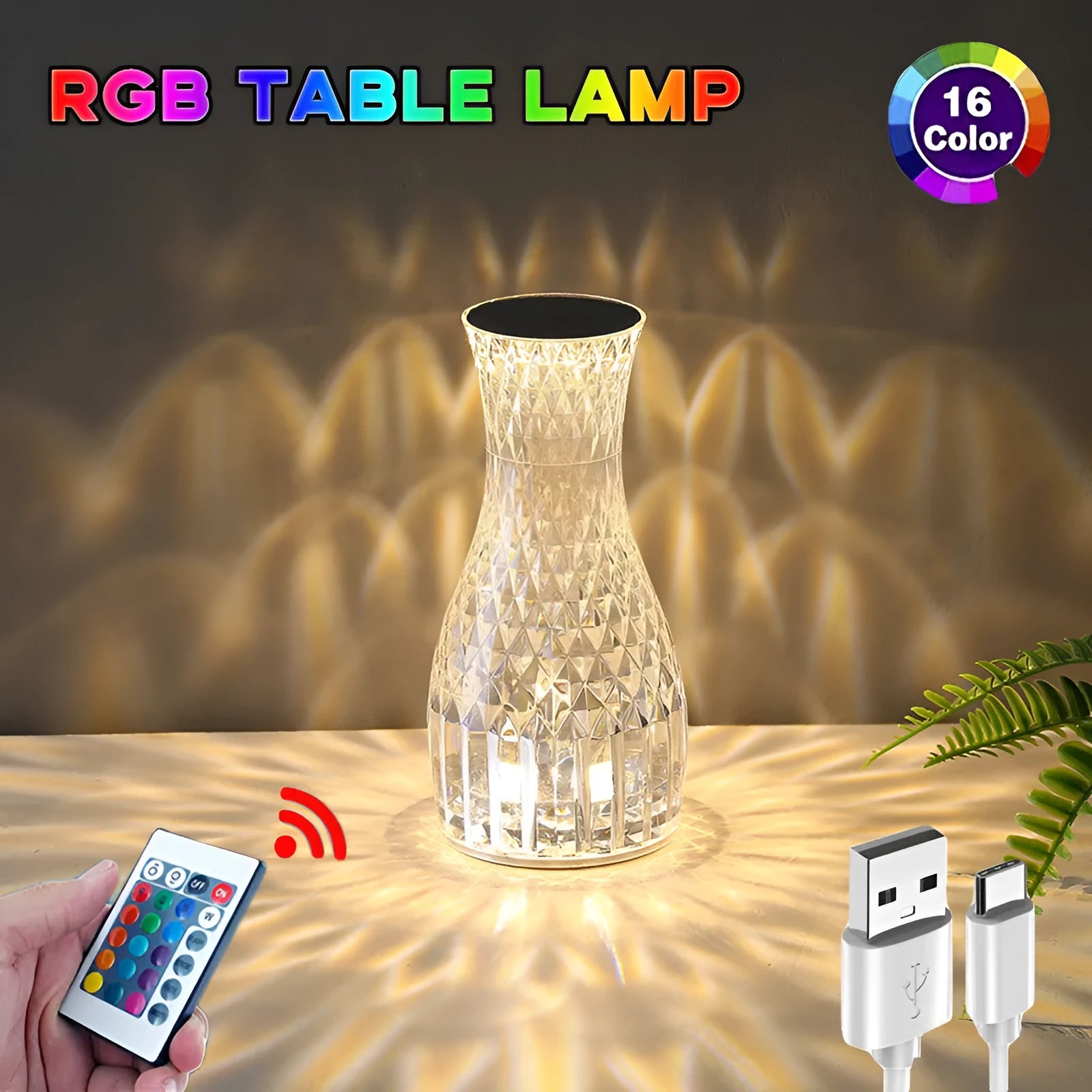 Vase-shaped crystal table lamp with LED lights and remote control on a bedside table
