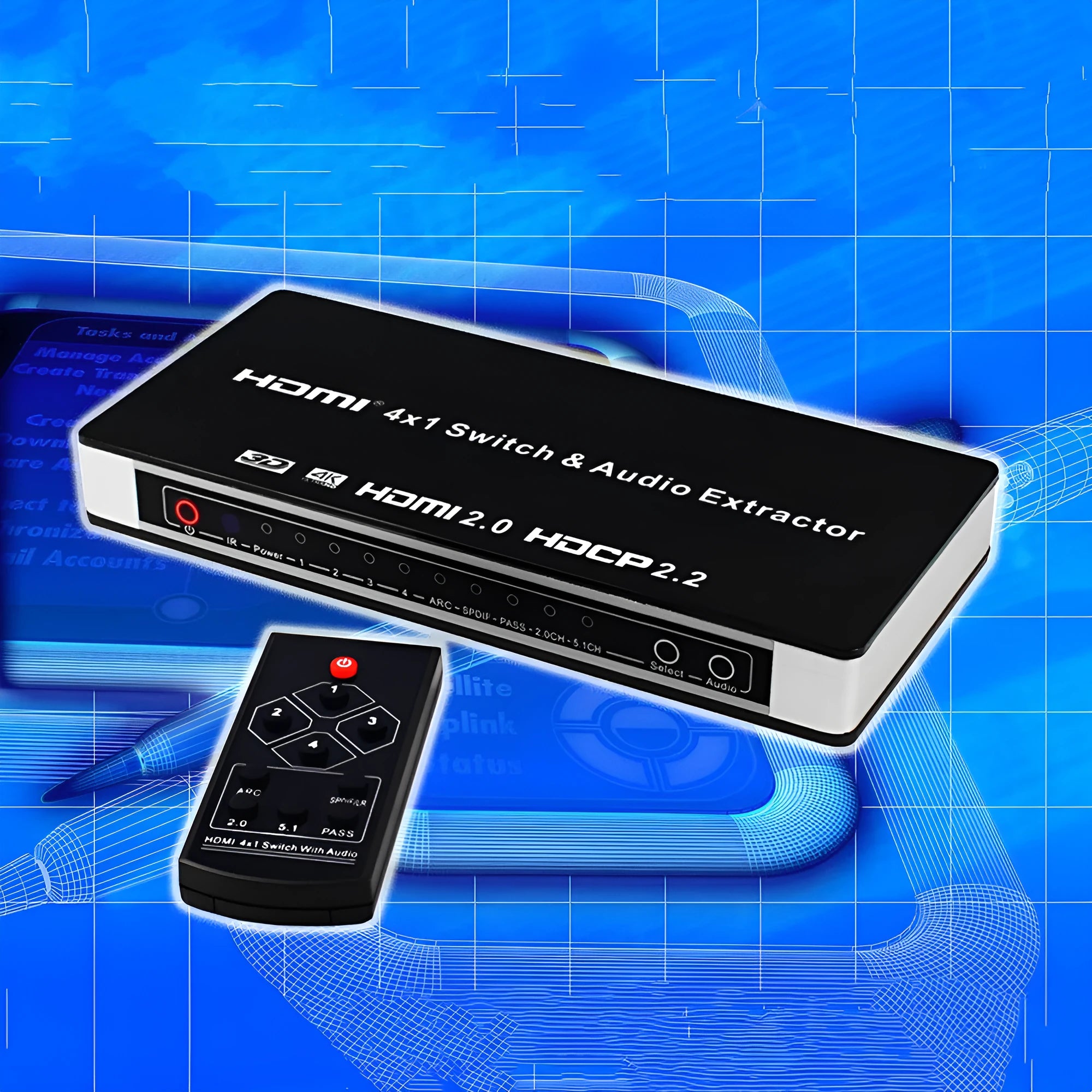 Black HDMI audio separation switch with four inputs and one output, remote control, and UK power adapter