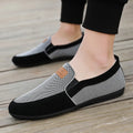 Men's grey and khaki canvas casual board shoes with round toe and rubber sole.