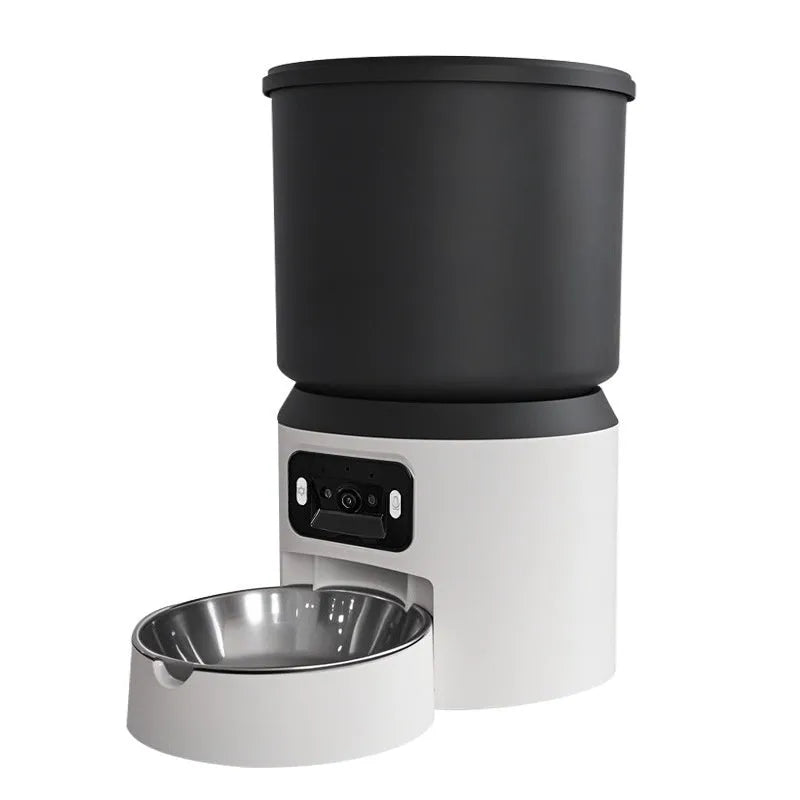White 4-litre smart pet feeder with app icon on display and stainless steel bowl.