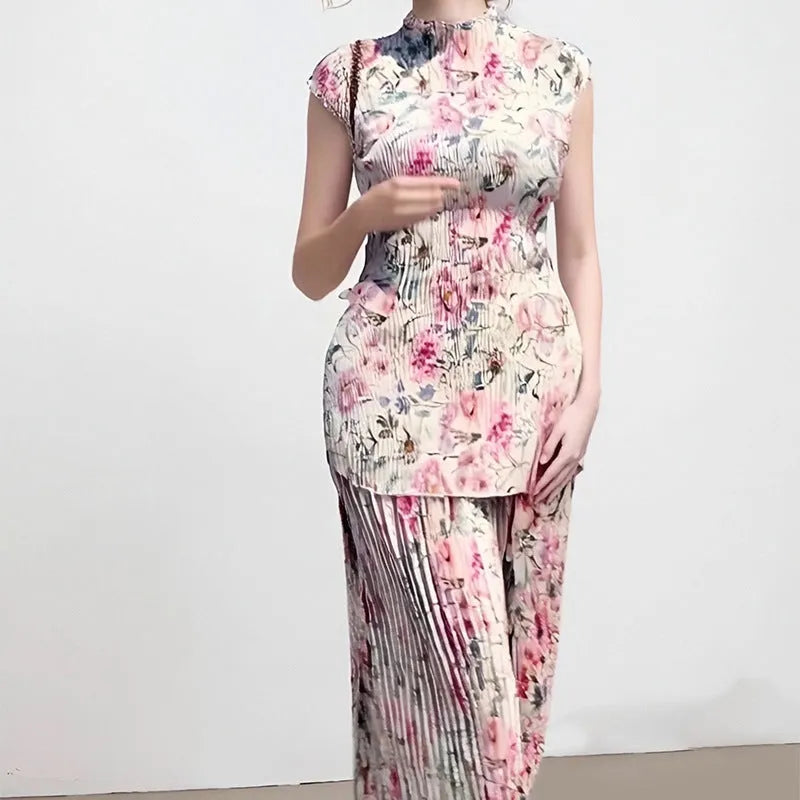 Long sleeve high waisted printed chiffon dress set shown in picture colour.
