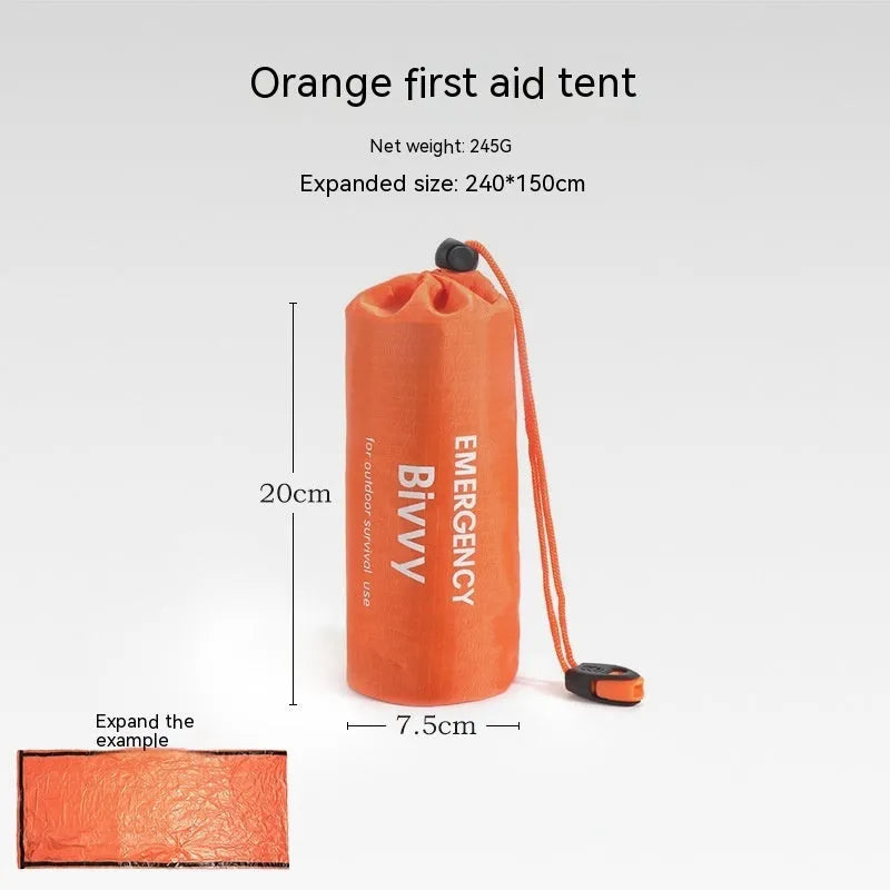 Emergency tent kit with sleeping bag and raincoat components for outdoor survival