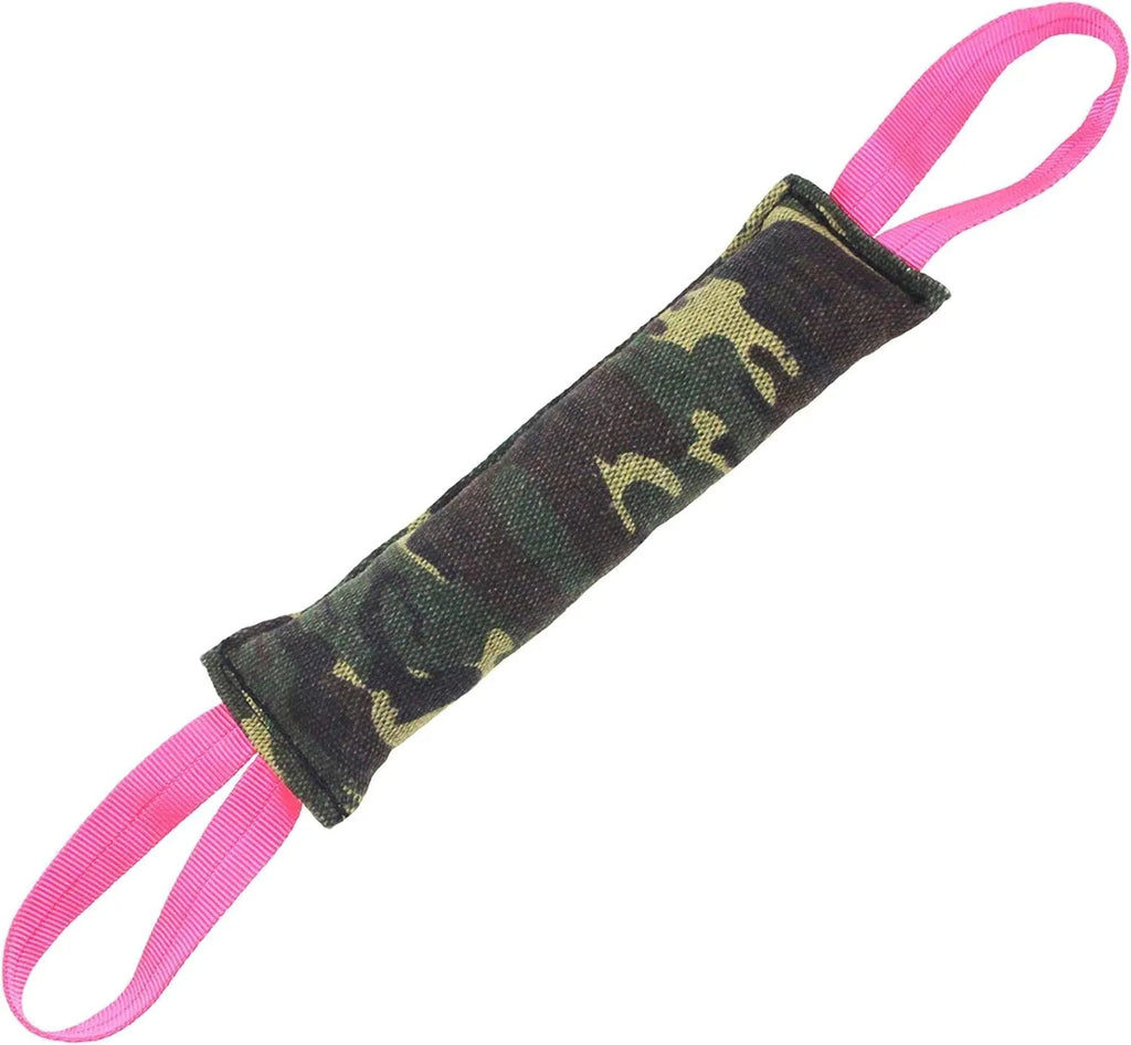 Beige jute dog tug toy with two fabric handles on a wooden floor.