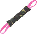 Beige jute dog tug toy with two fabric handles on a wooden floor.