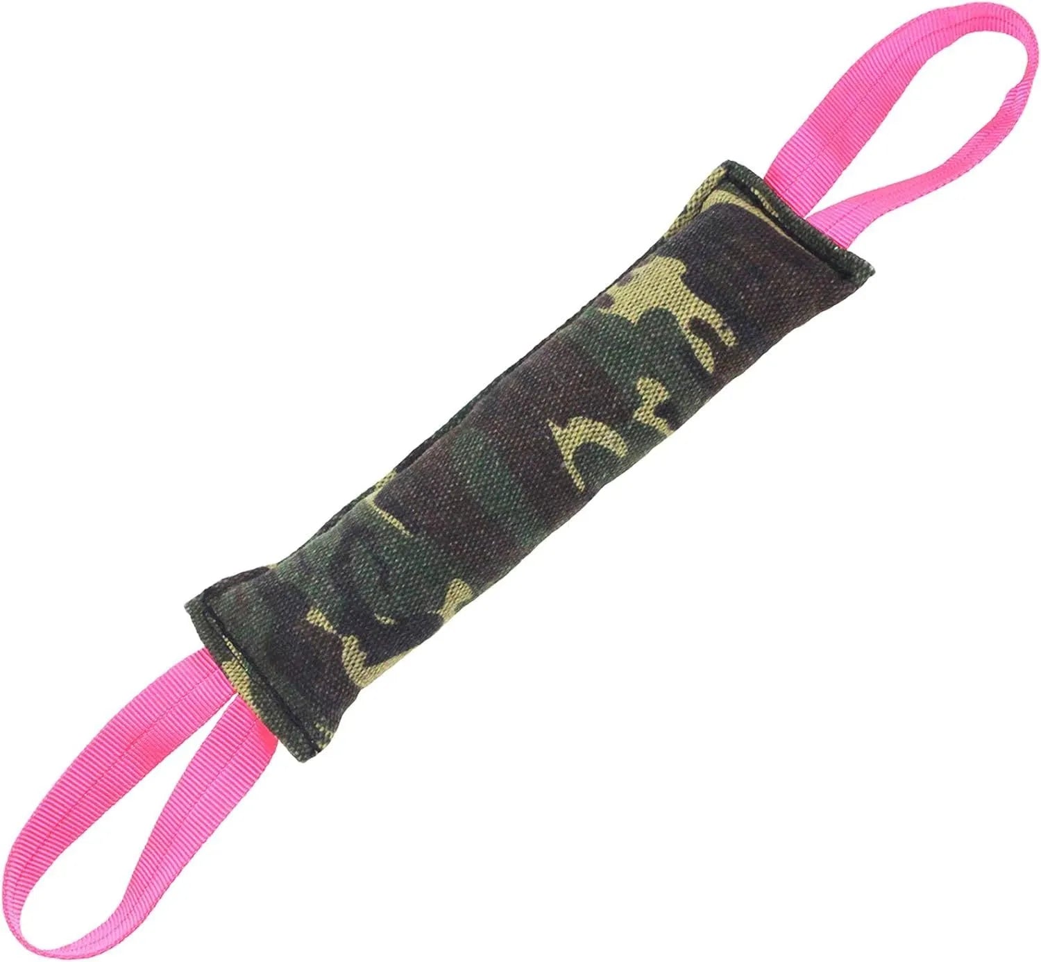 Beige jute dog tug toy with two fabric handles on a wooden floor.