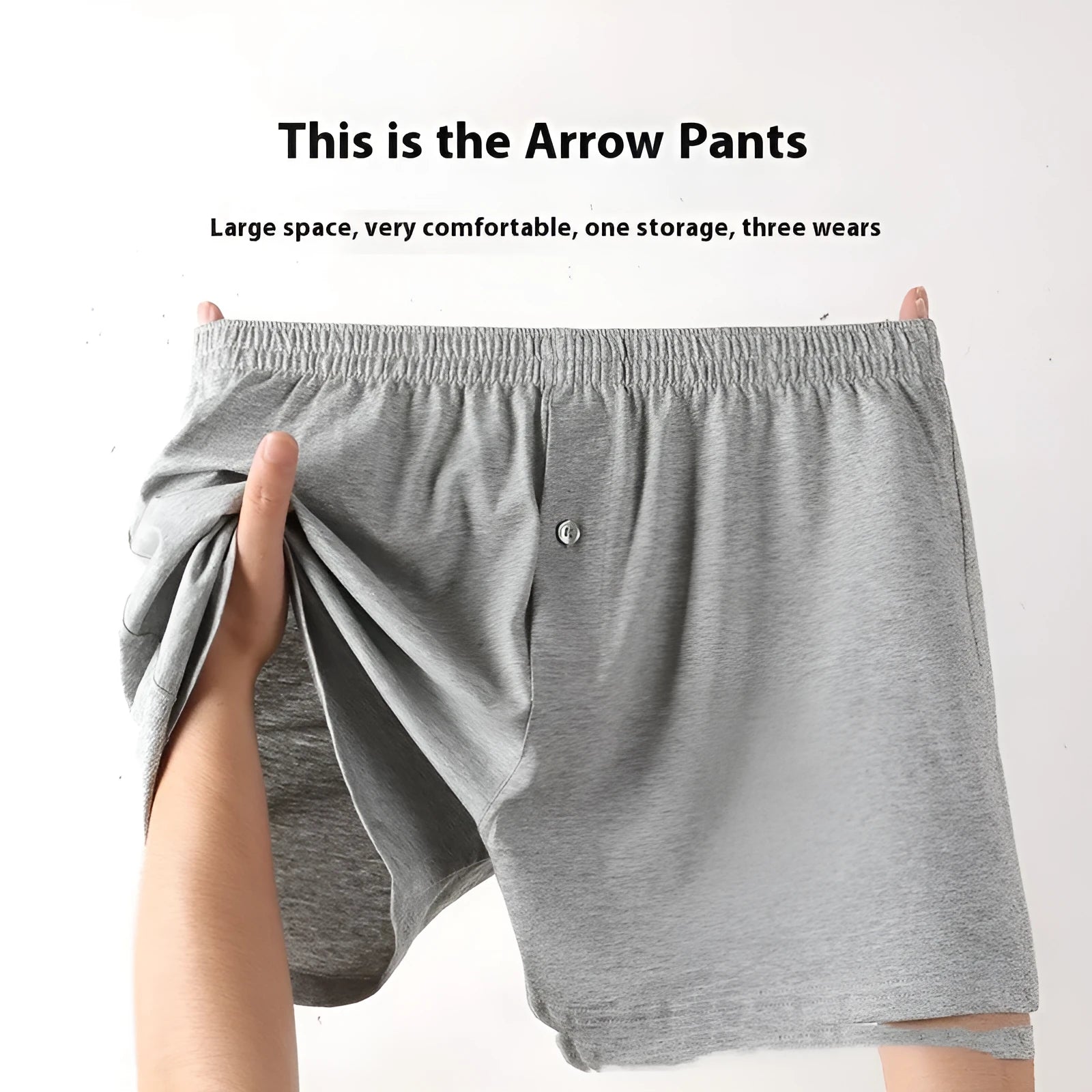 Men's light grey high-waist cotton loose boxer shorts laid flat.