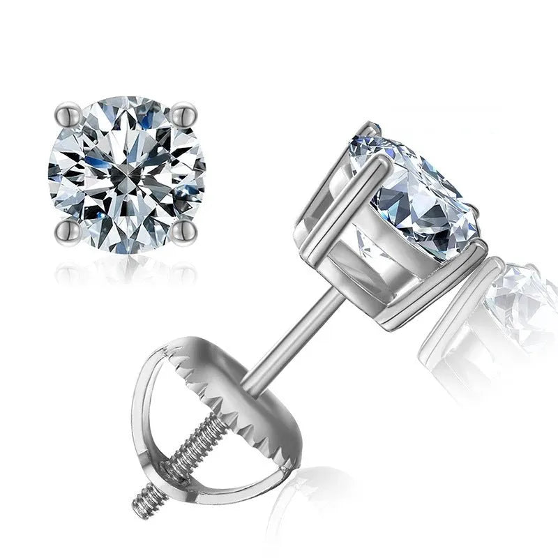 Sterling silver screw back moissanite stud earrings with geometric four claw setting