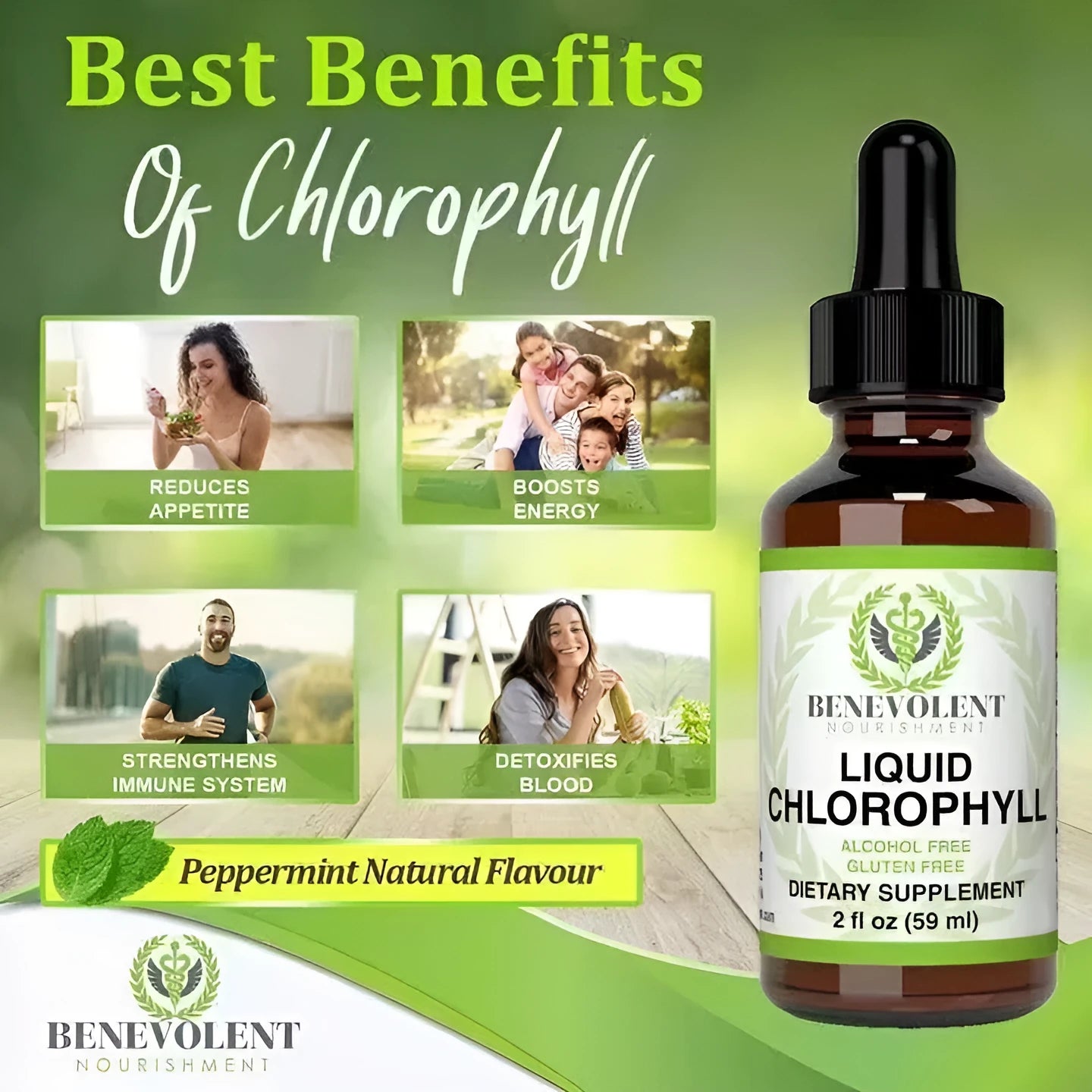 A 60ml bottle of natural liquid chlorophyll drops for adult dietary supplementation.
